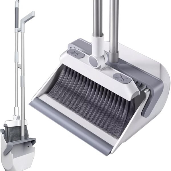 Broom with Dustpan Set 180° Rotatable Long Handle Broomstick Standing Dust Pan and Broom Set for Office Home Kitchen Lobby Floor Cleaning, Lightweight Aluminum Alloy